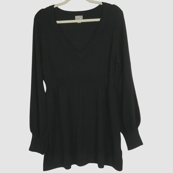 Caslon black V-neck puff sleeve sweater/top, tunic length, size large - Picture 1 of 8